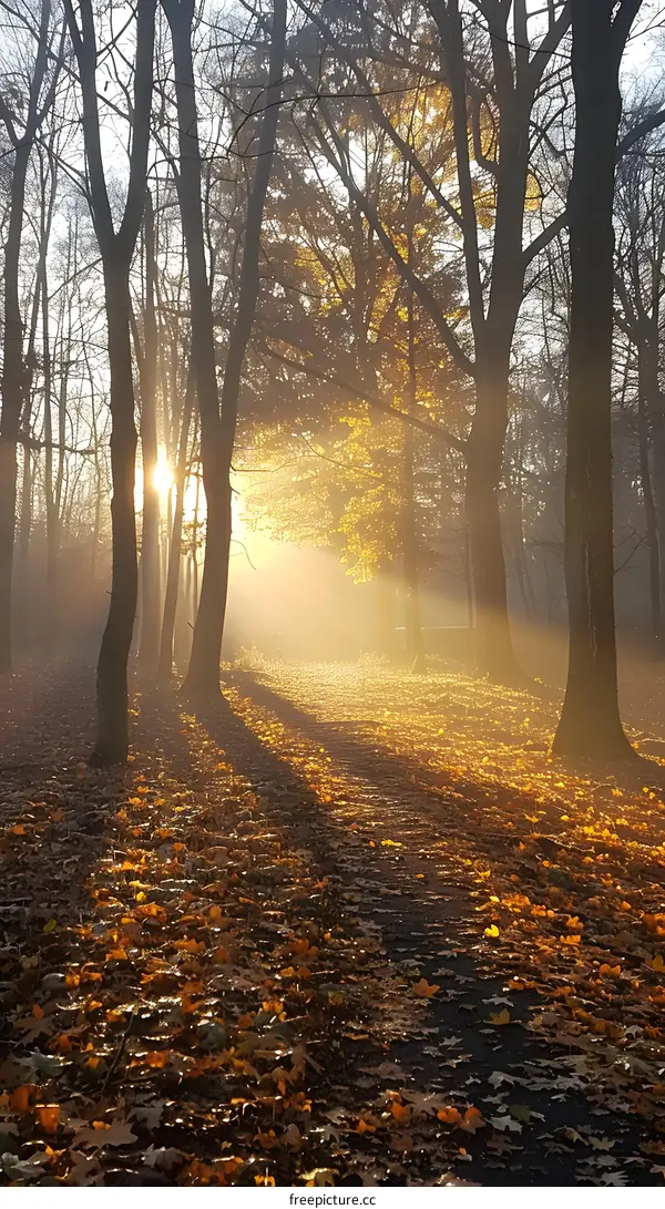 Sunbeams Through Trees in Autumn Forest
