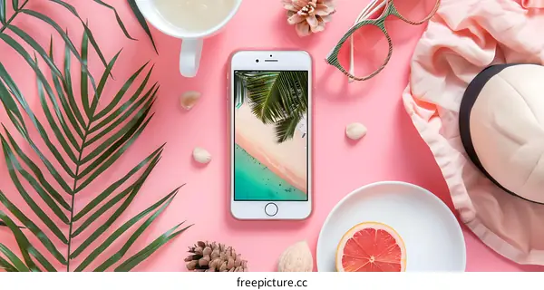 Summer Flat Lay with Phone Displaying Beach Scene