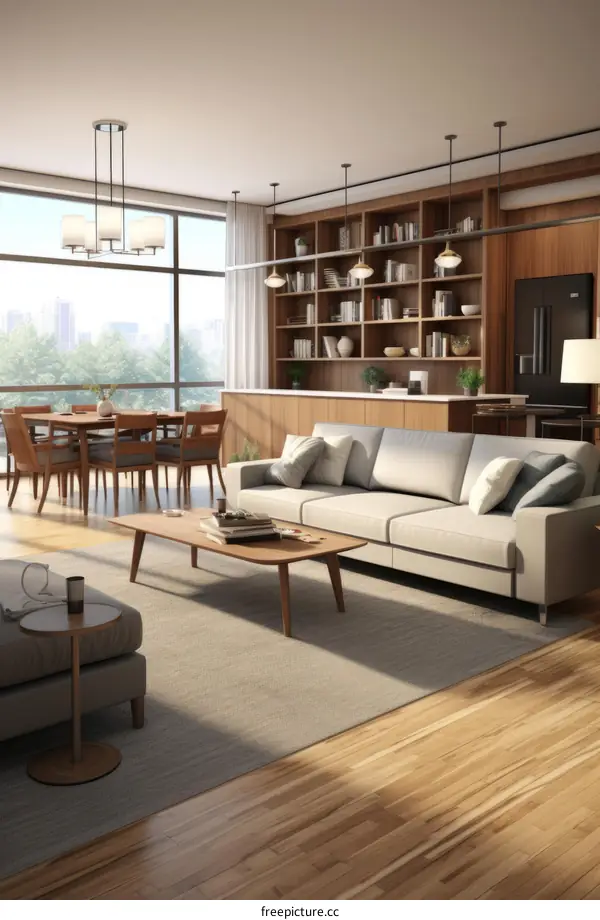 An illustration of a modern living room with a large window, a dining table, a sofa, and a coffee table.