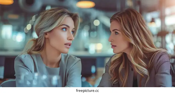 Two young businesswomen having a conversation in a cafe