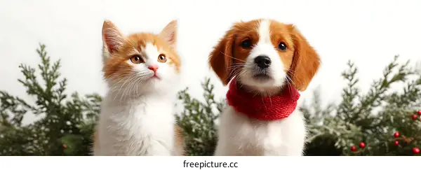 Cute Kitten and Puppy with Christmas Decorations