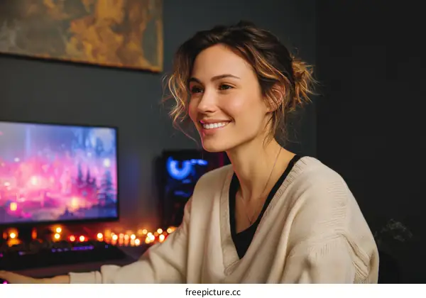 Smiling Woman in Cozy Home Office Setting
