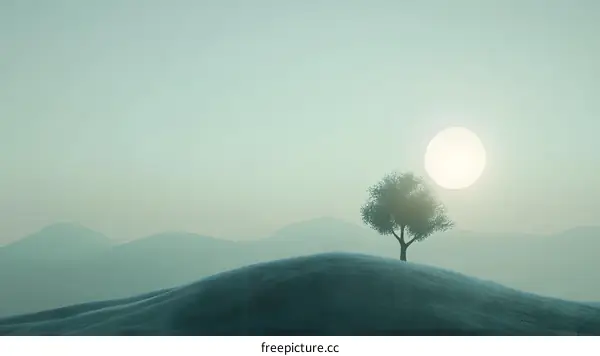 Minimalist Landscape Illustration with Single Tree and Sun