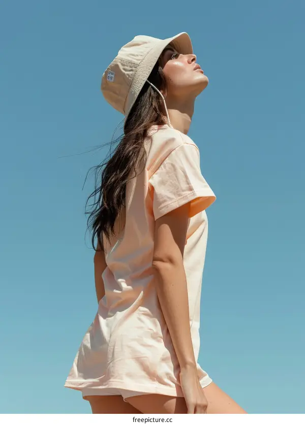 A woman wearing a bucket hat and a t-shirt is looking up at the sky