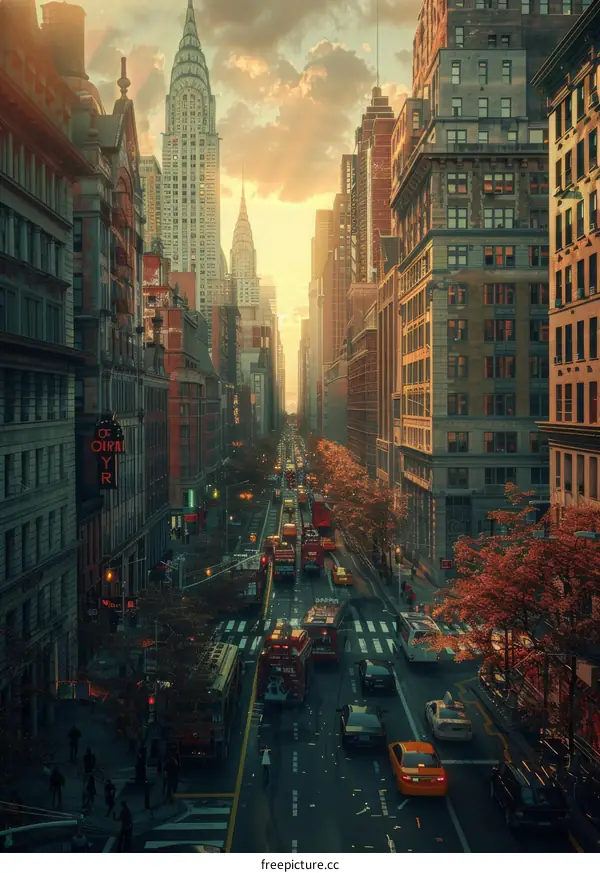 Sunset over Bustling Urban Street in Metropolis