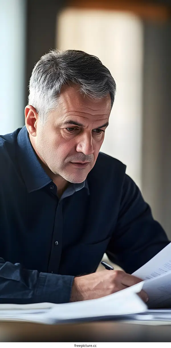 Serious Middle Aged Man Reviewing Documents