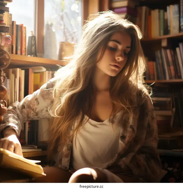 Young woman reading a book in a library