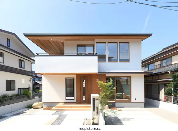 Modern Japanese House with Wooden Accents and Large Windows