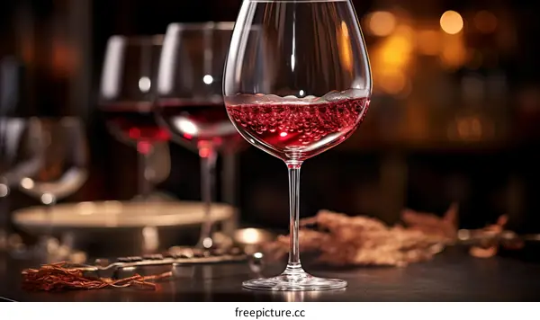 Close up of red wine in glass with bubbles and other glasses in background