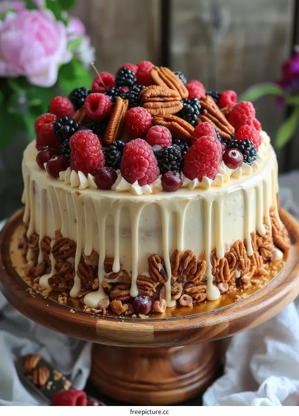 White Frosted Cake with Fresh Berries and Nut Garnish