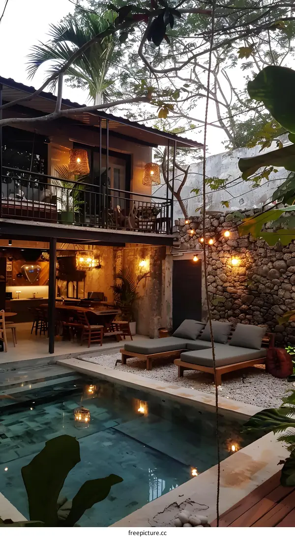 Tropical Backyard Oasis with Pool and Lush Greenery