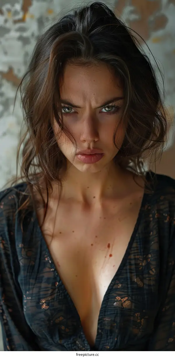 Portrait of a Young Woman with Green Eyes and Long Dark Hair