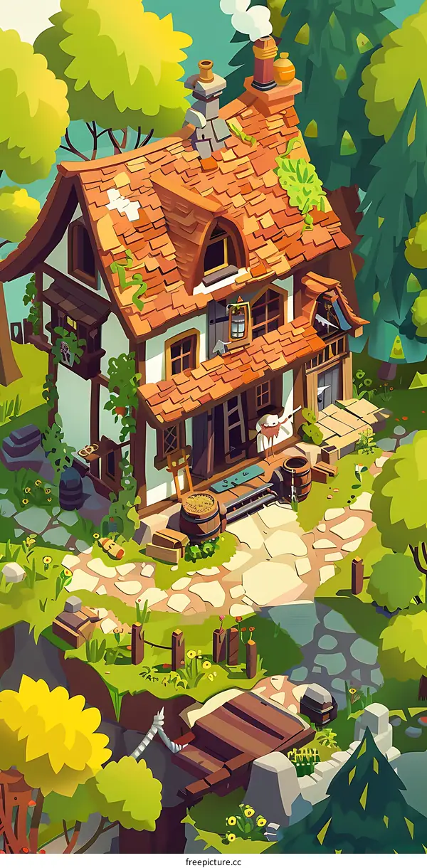 Fantasy Cottage Illustration With Green Trees and Flowers