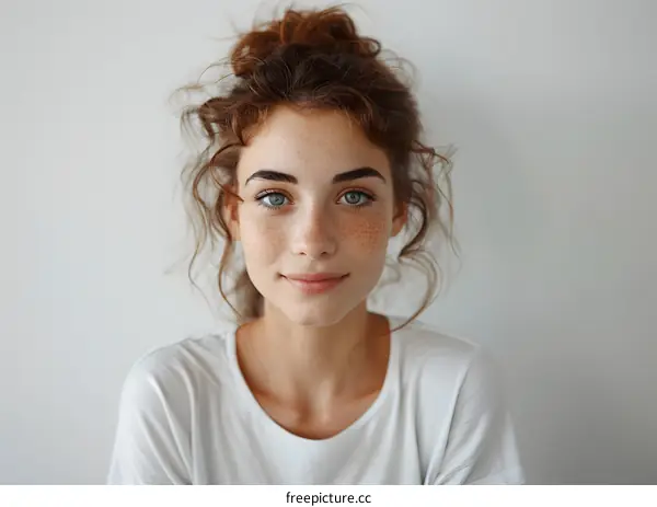 Portrait of a Young Woman With Freckles and Blue Eyes