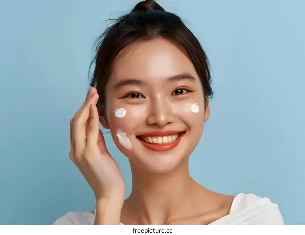 Smiling Woman Applying Facial Cream