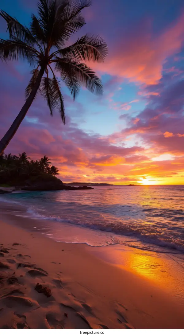 Beach sunset with palm trees
