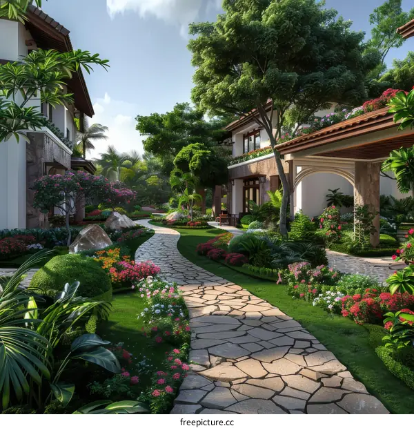 Stone Path Winding Through a Lush Garden