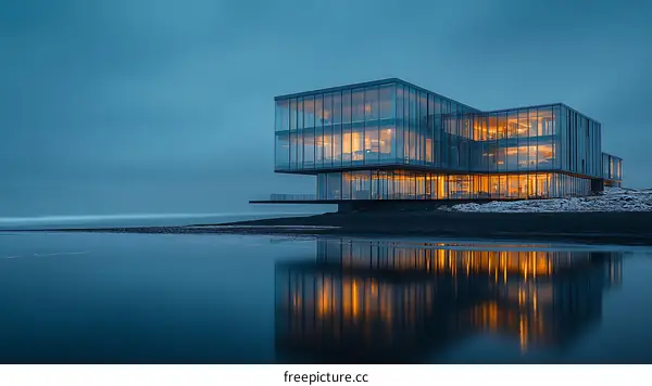 Modern Glass Building by the Sea at Dusk