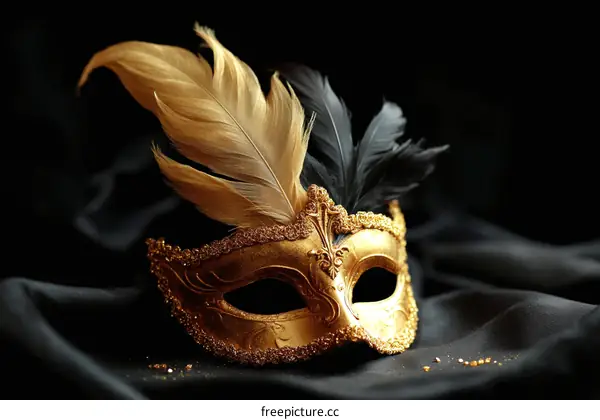 Golden Venetian Mask on Black Fabric