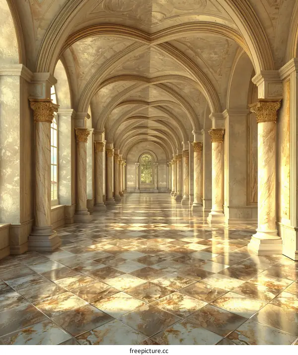 A marble hallway with checkered tile floor and stone columns