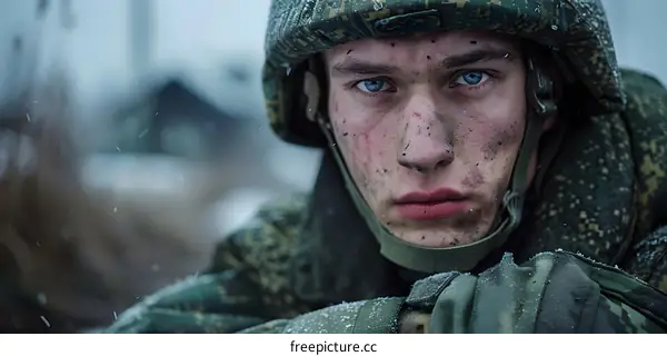 Portrait of a young soldier with blue eyes and a dirty face wearing a military helmet