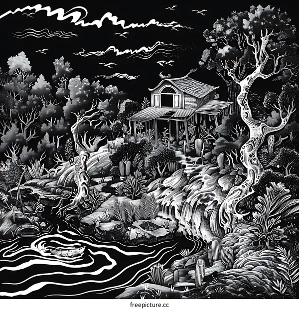 Black and White Illustration of a House in the Woods