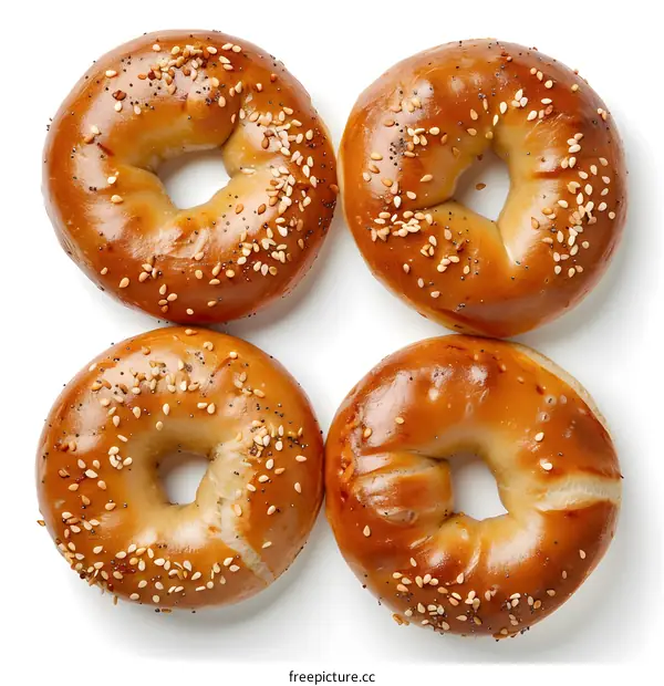 Four bagels on a white background