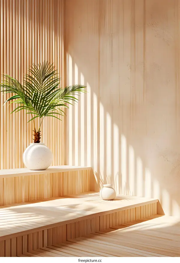 Minimalist Wooden Interior Design with Palm Tree