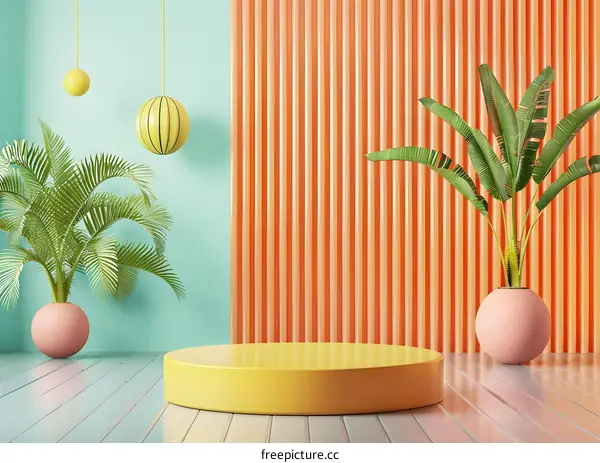 Minimalist 3D Render of a Yellow Podium with Tropical Plants