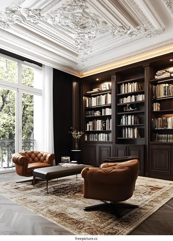 Elegant Living Room with Ornate Ceiling and Bookcases