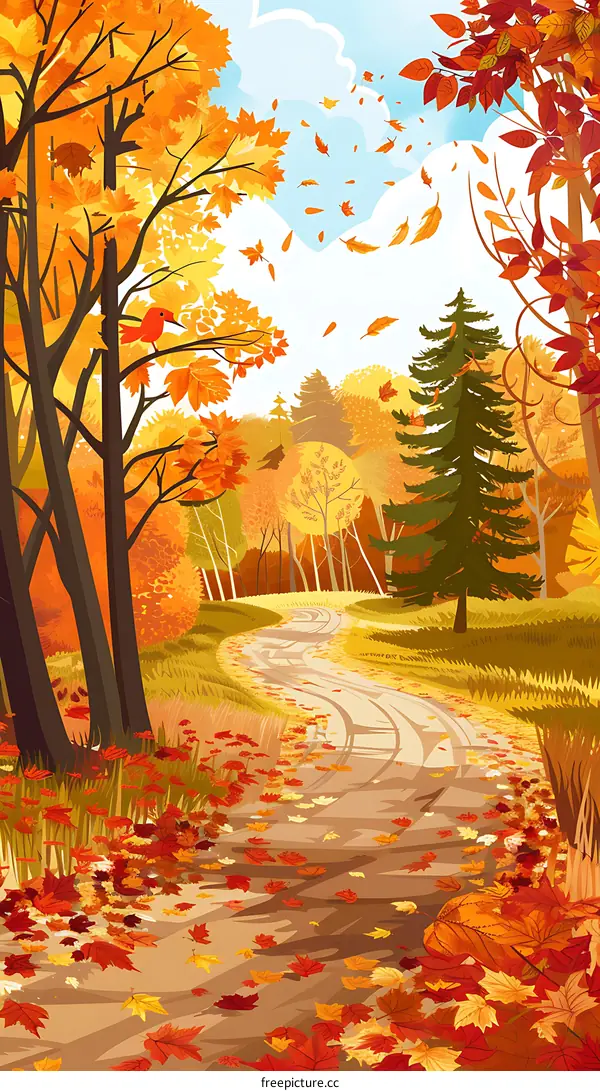 Autumn Forest Path With Falling Leaves Illustration