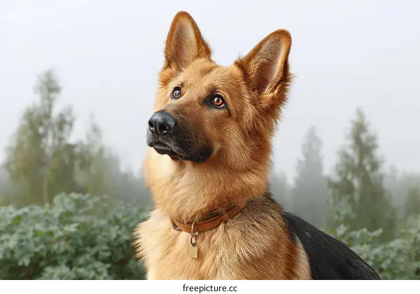 German Shepherd Dog Portrait in Misty Forest