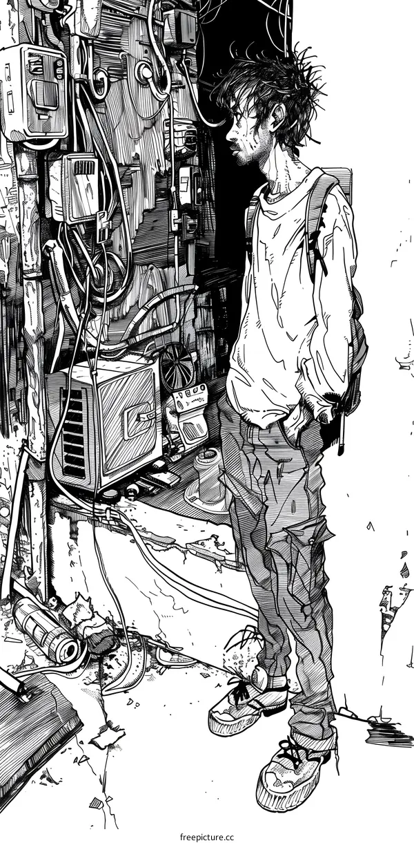 Black and White Illustration of Man Standing By Wall with Wires