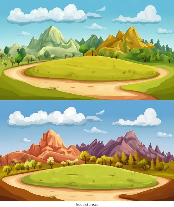 Cartoon Landscape with Mountain, Hill, Green Trees and Winding Road