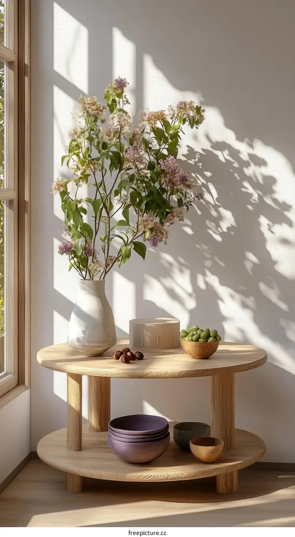 Wooden Round Coffee Table with Flowers and Bowls