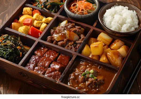 Wooden Bento Box Filled with Delicious Food