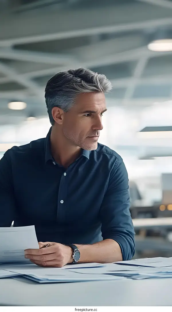 Businessman Looking Over Documents in Office