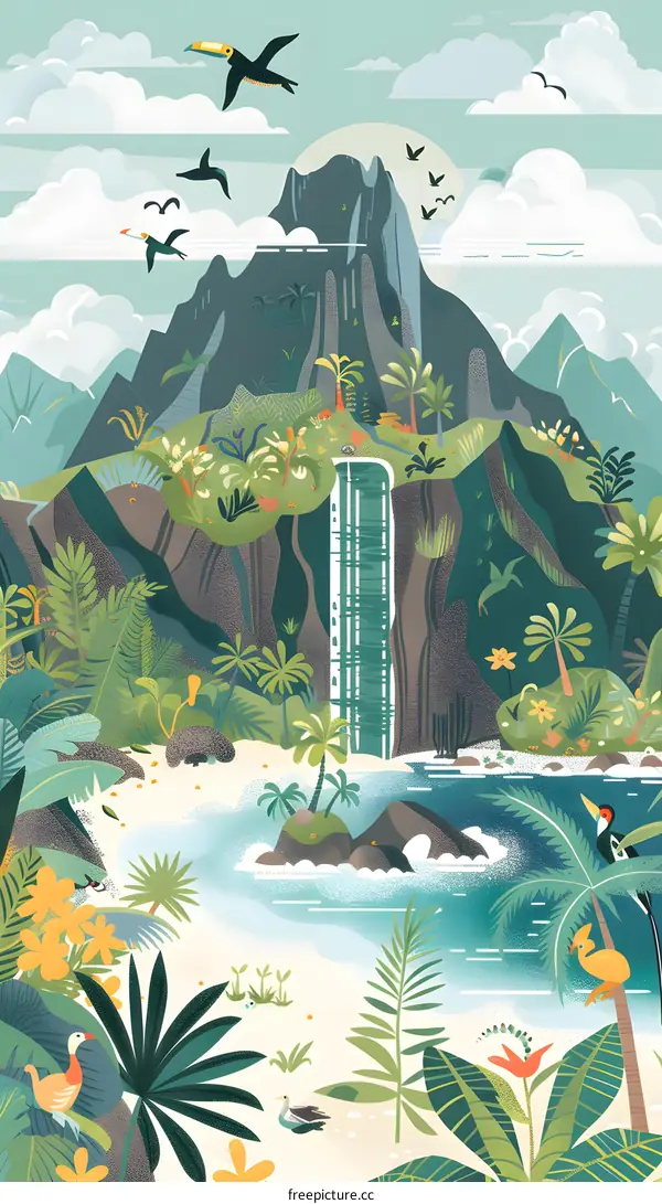Tropical Rainforest Waterfall Landscape Illustration