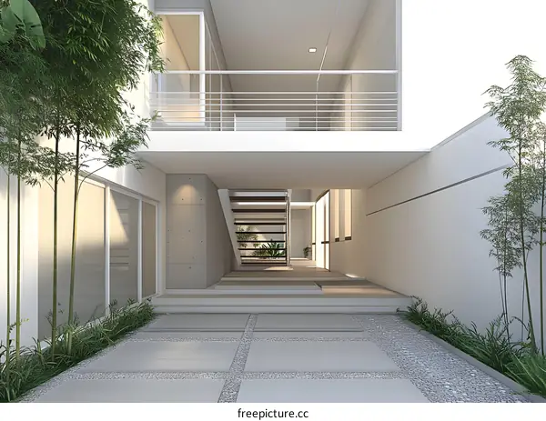 Modern Minimalist Home Entrance With Staircase and Greenery