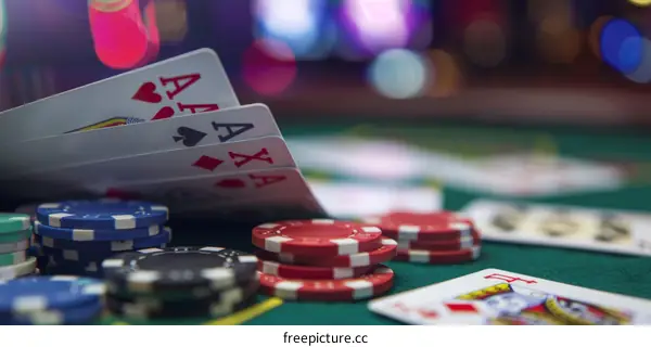 A close-up image of a poker table with cards and chips