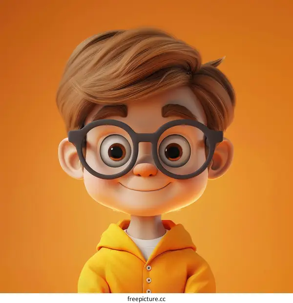 3D cartoon character of a young boy wearing glasses and a yellow hoodie