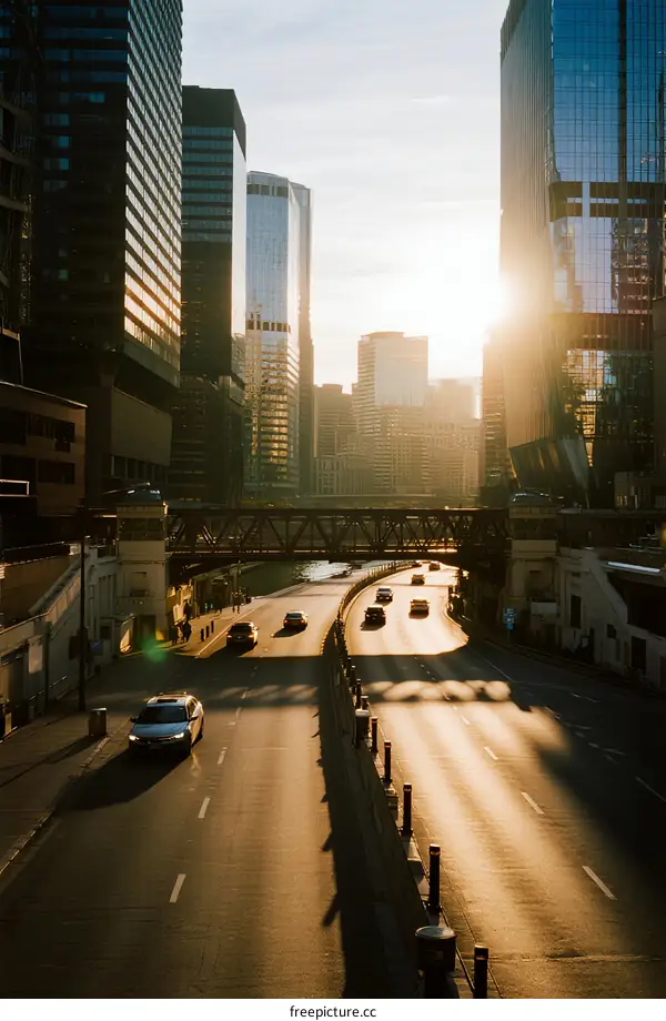 Urban Street with Skyscrapers and Golden Sunlight