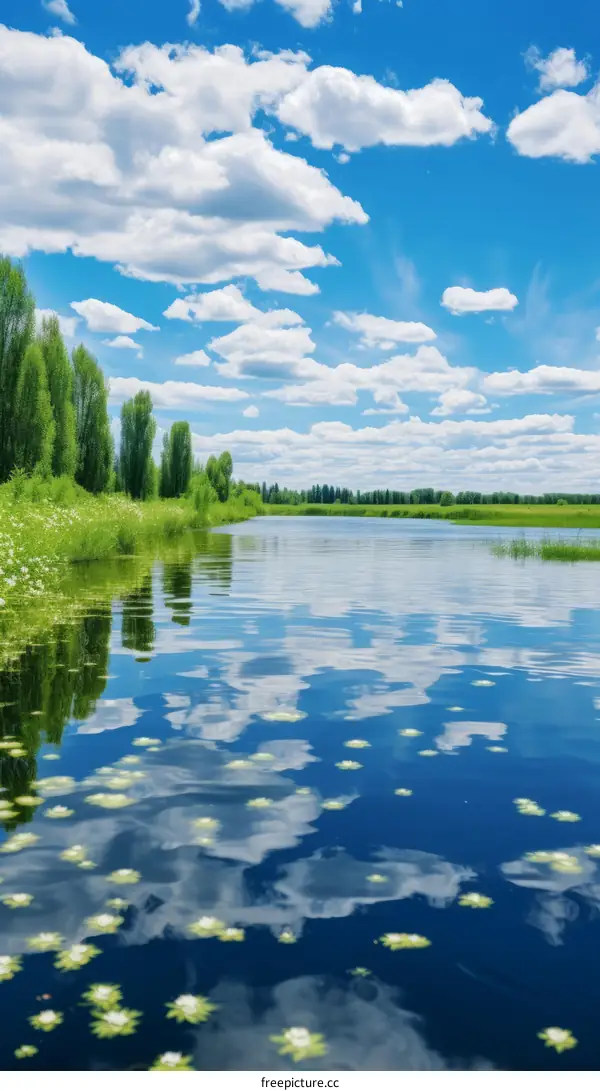 Blue sky and white clouds with green field and river reflecting the sky