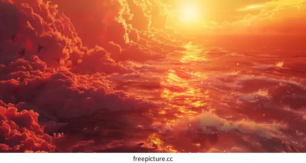 Fiery Ocean with a Blazing Sun