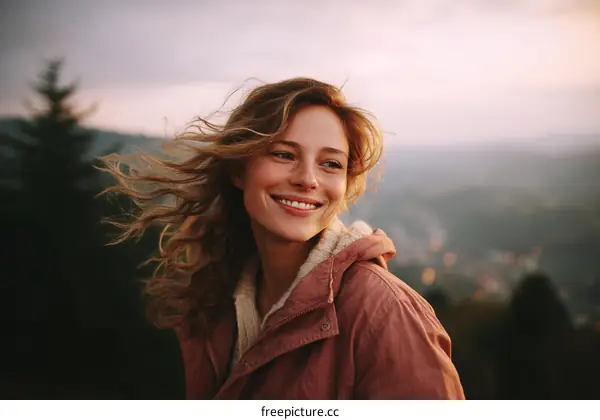 Smiling Woman in a Jacket Outdoors at Sunset