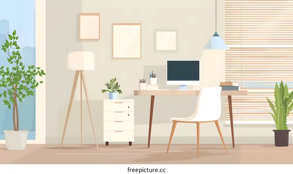 Home Office Interior Design with Desk, Chair, Plants, and Window Blinds