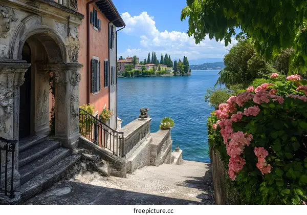 Stone Steps Leading Down To Lake With Beautiful Scenery