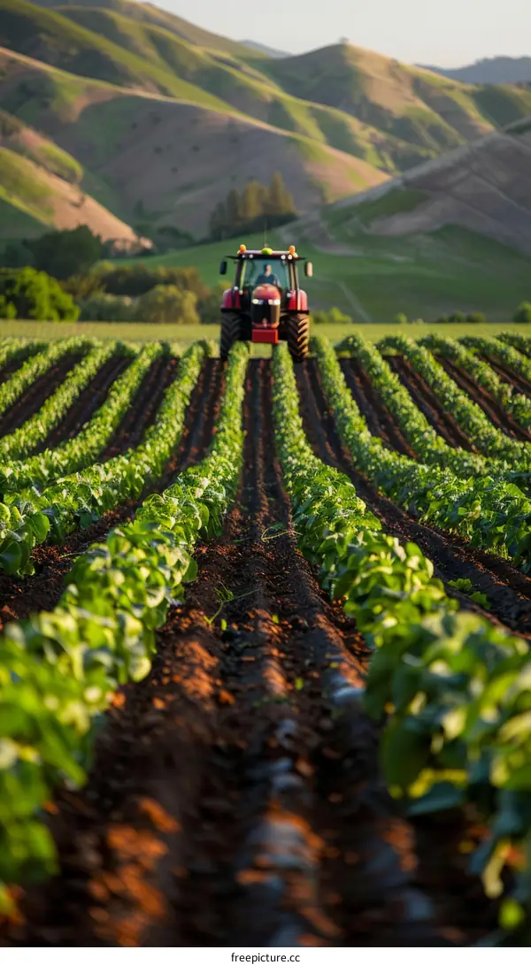 Tractor working in a lush green field