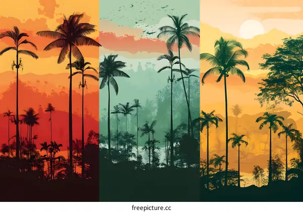 Tropical Sunset Landscape with Palm Trees