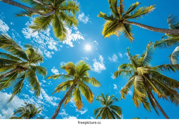 Looking up at the coconut trees under the blue sky and white clouds